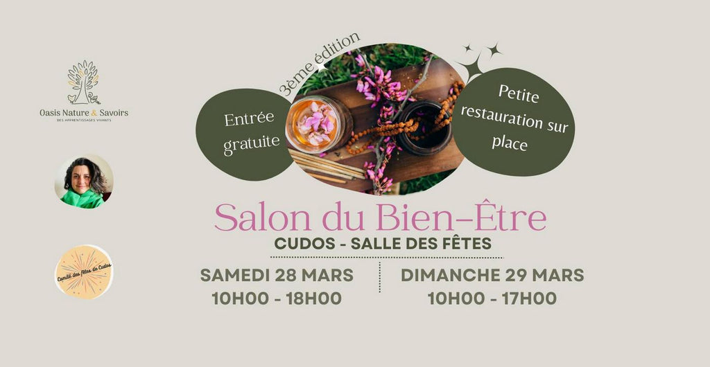 Les 28 et 29 mars 2026, la Salle des Fêtes de Cudos accueille la 3ᵉ édition du Salon du Bien-Être, un événement organisé en partenariat avec le Comité des Fêtes de Cudos et l’association Oasis Nature et Savoirs.
